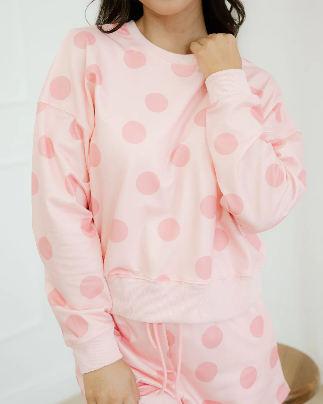 Kaylee Polka Dot Print Drop Shoulder Pullover Drawstring Shorts Set - Pink - Image 5