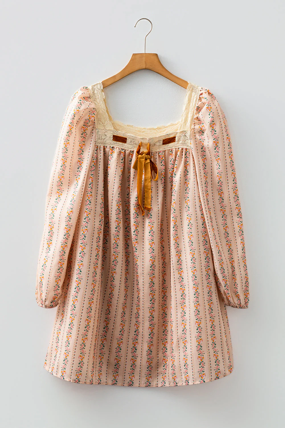 Khaki Floral Print Contrast Velvet Bow Lace Patchwork Long Sleeve Loose Mini Dress - Image 4
