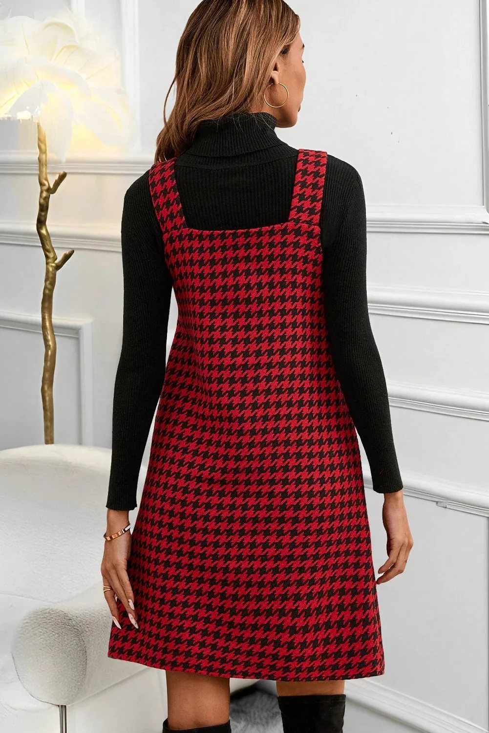 Khaki Houndstooth Print V Neck Sleeveless Mini Dress - Image 5