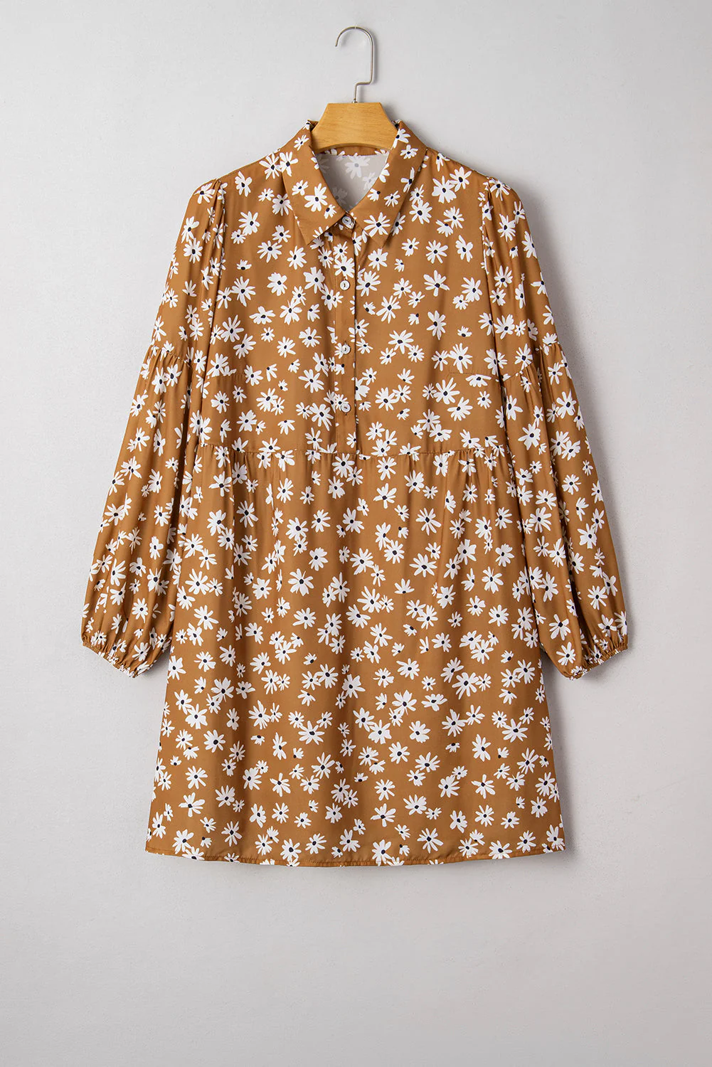 Khaki Plus Size Daisy Floral Print Button Split Neck Puff Sleeve Dress - Image 2