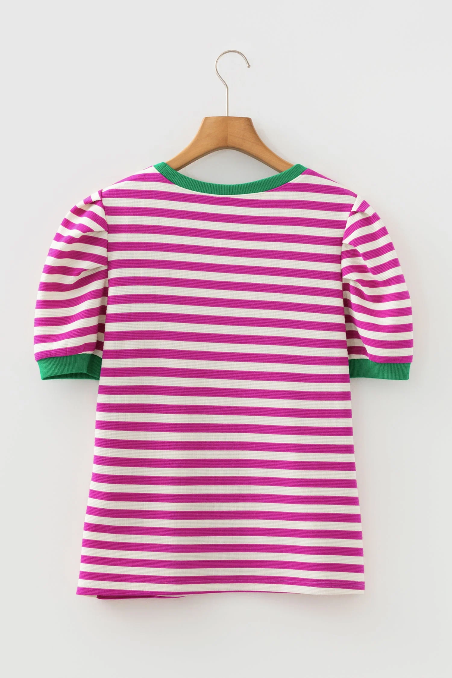 Kimberly Stripe Short Puff Sleeve Contrast Trim Round Neck Tee - Image 3