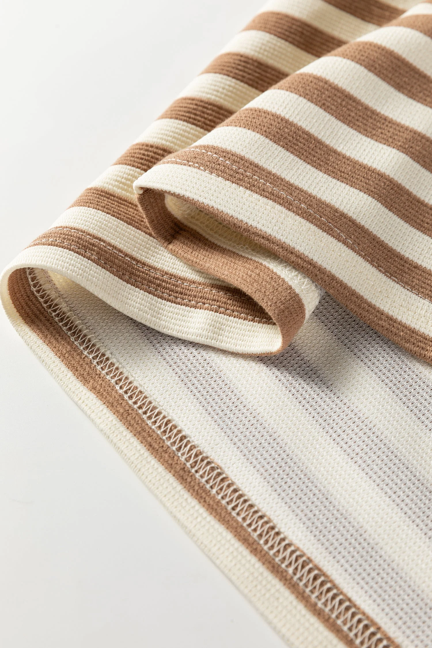 Kimberly Stripe Short Puff Sleeve Contrast Trim Round Neck Tee - Brown - Image 8