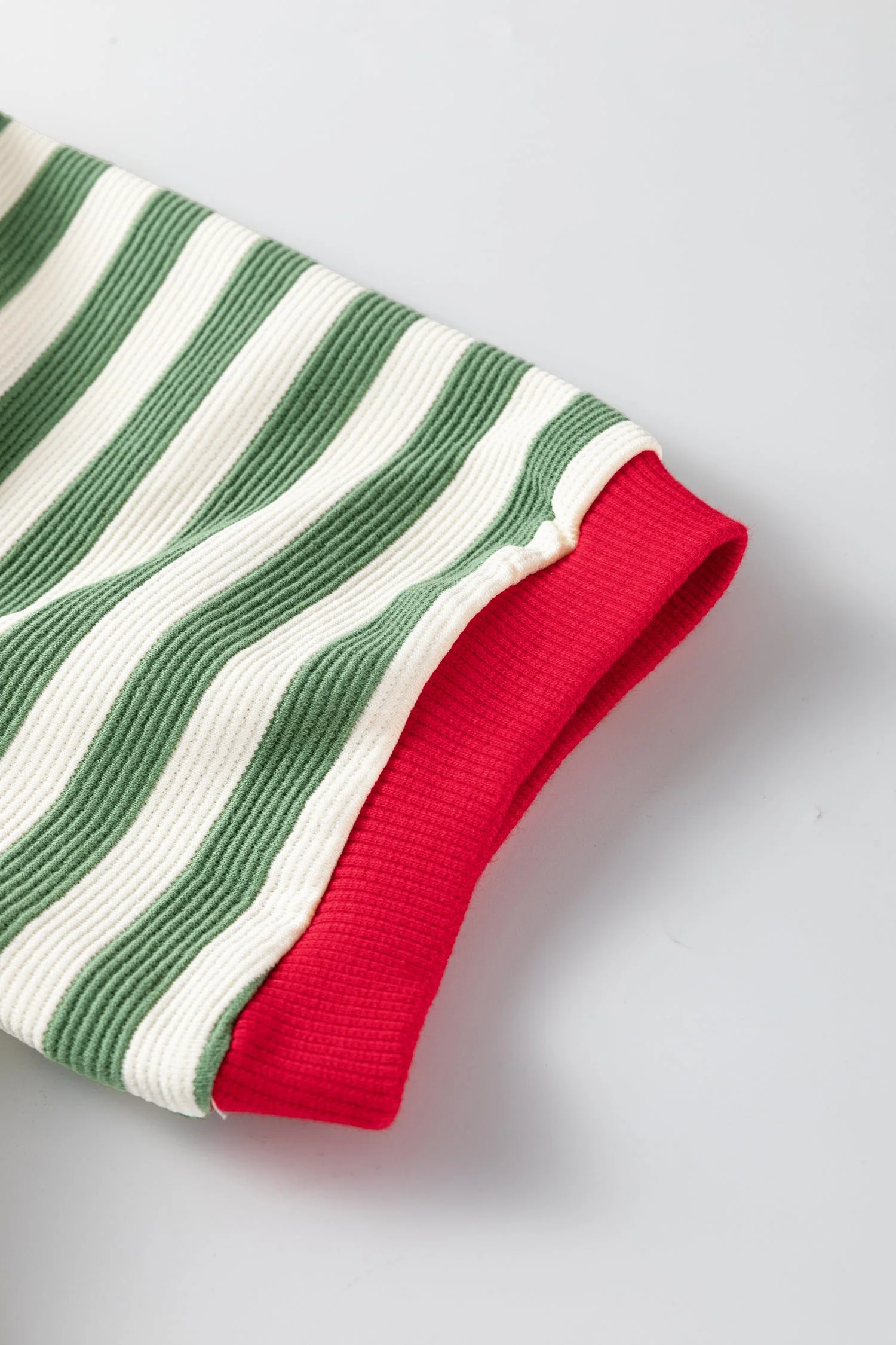Kimberly Stripe Short Puff Sleeve Contrast Trim Round Neck Tee - Green - Image 10