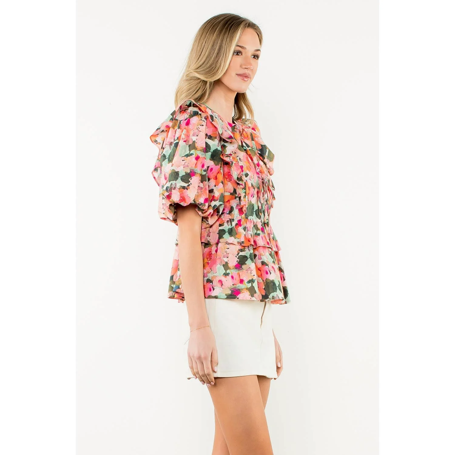 Kinsley- Ruffle Tie Neck Puff Sleeve Floral Top - Image 6