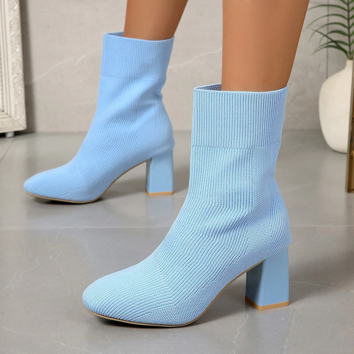 Knitted Round-Toe Sock Boots — High Heel Booties Women - Image 4