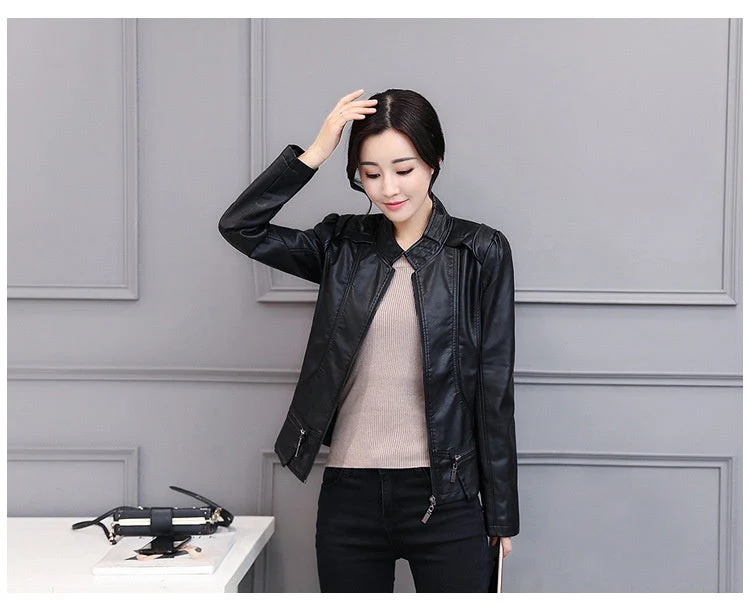 Korean-Style Slim Fit Motorcycle Leather Coat — Stand-Up Collar - Image 4