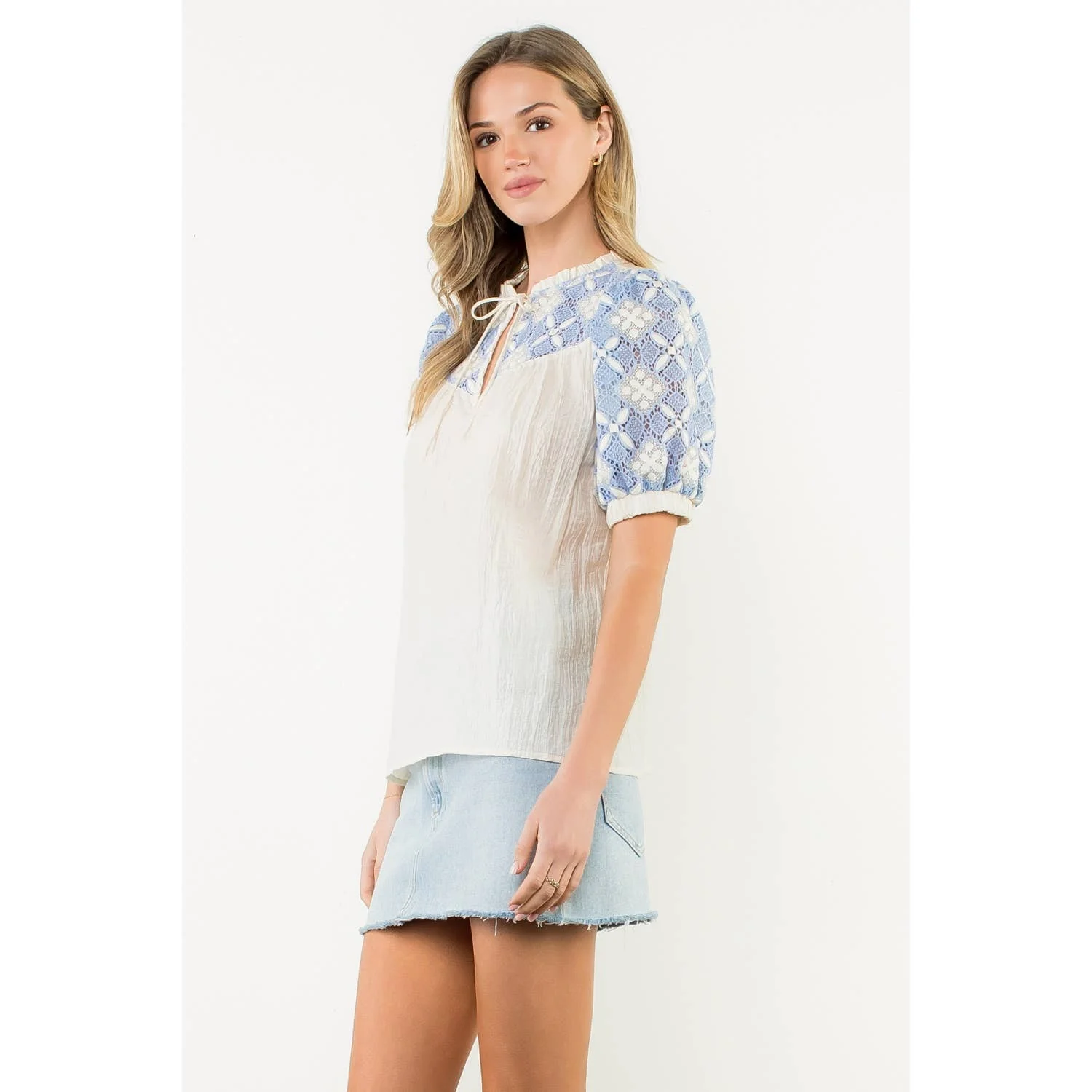 Krysa - Embroidered Yoke Puff Sleeve Crinkle Top - Image 3