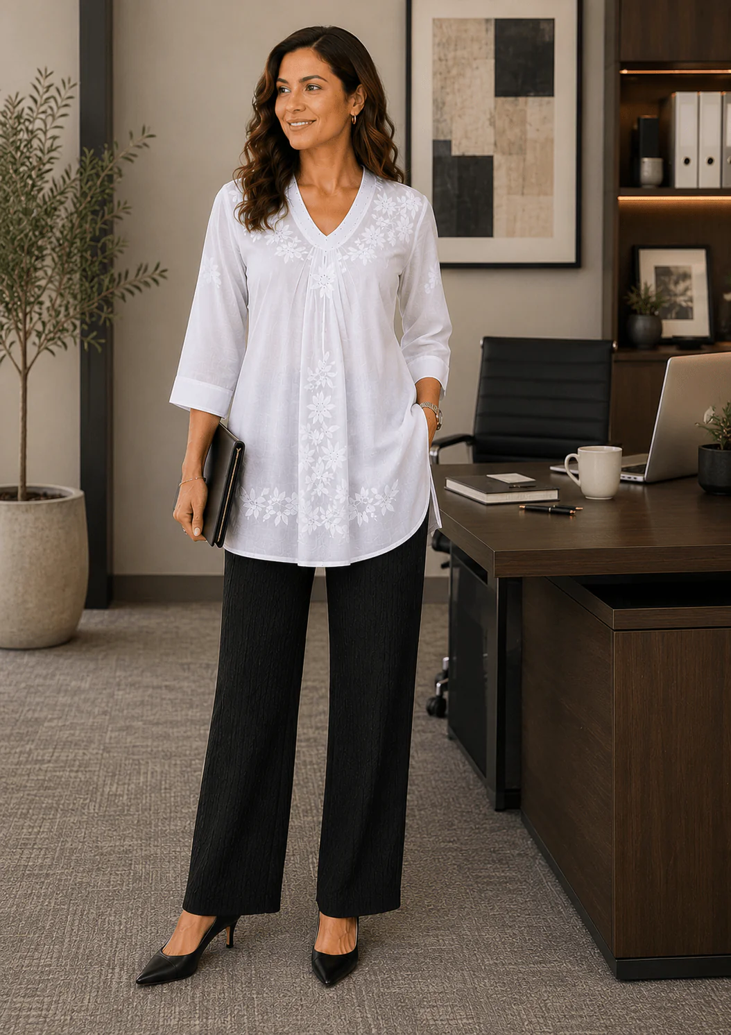 La Chic Women's Embroidered Cotton Oval Neckline Top