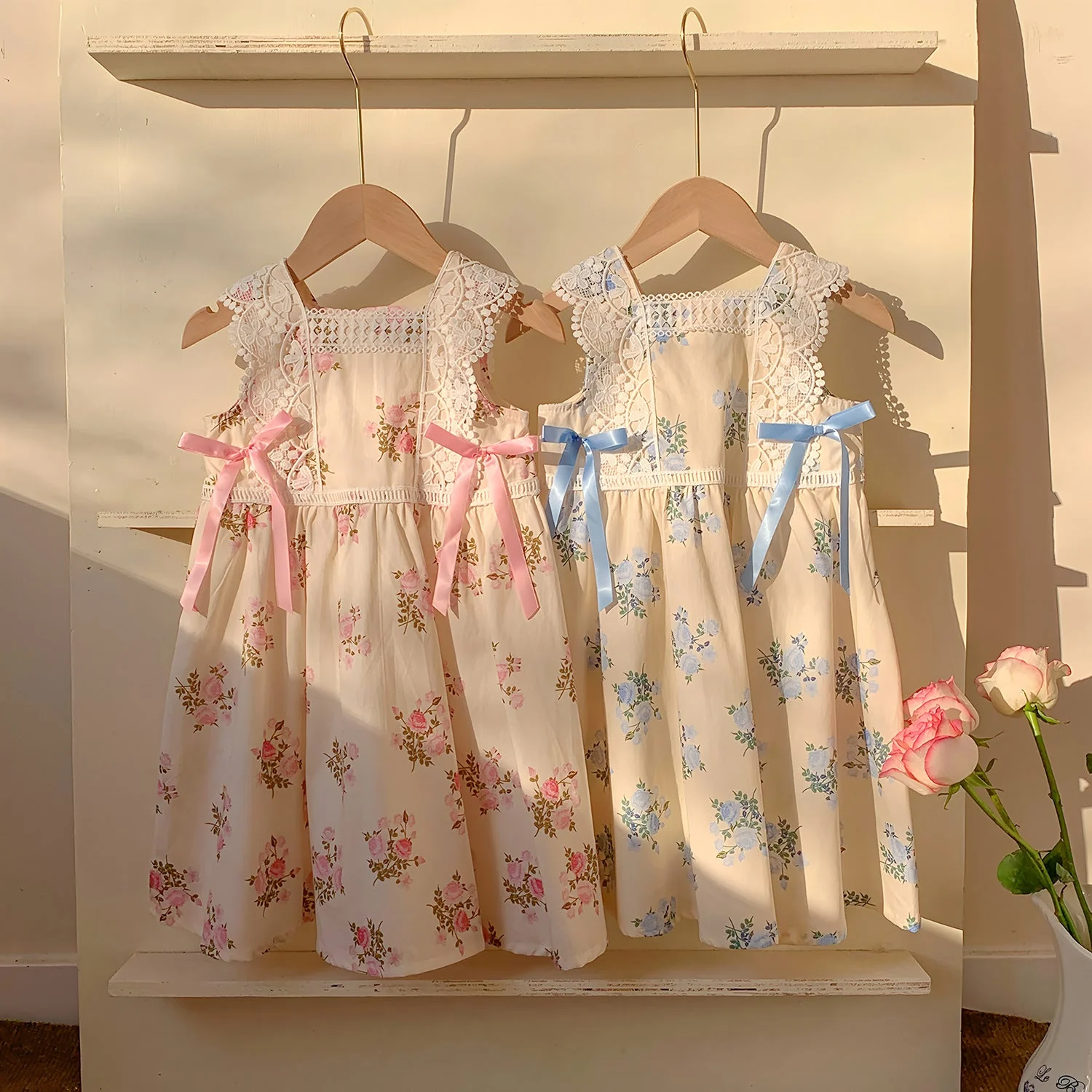 Lace-trimmed Bow Girls' Dress-Pink/Blue - Image 12