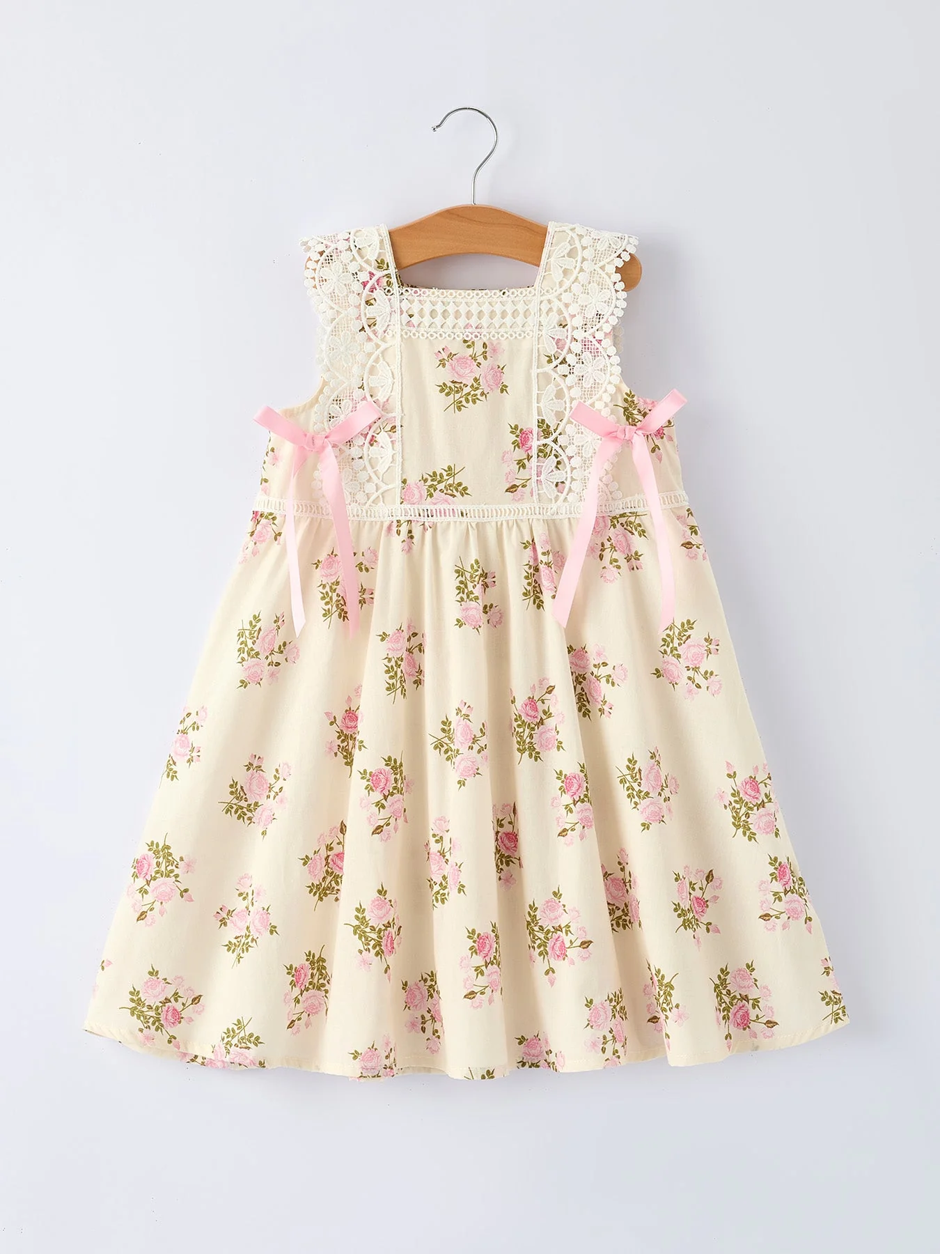Lace-trimmed Bow Girls' Dress-Pink/Blue - Image 2