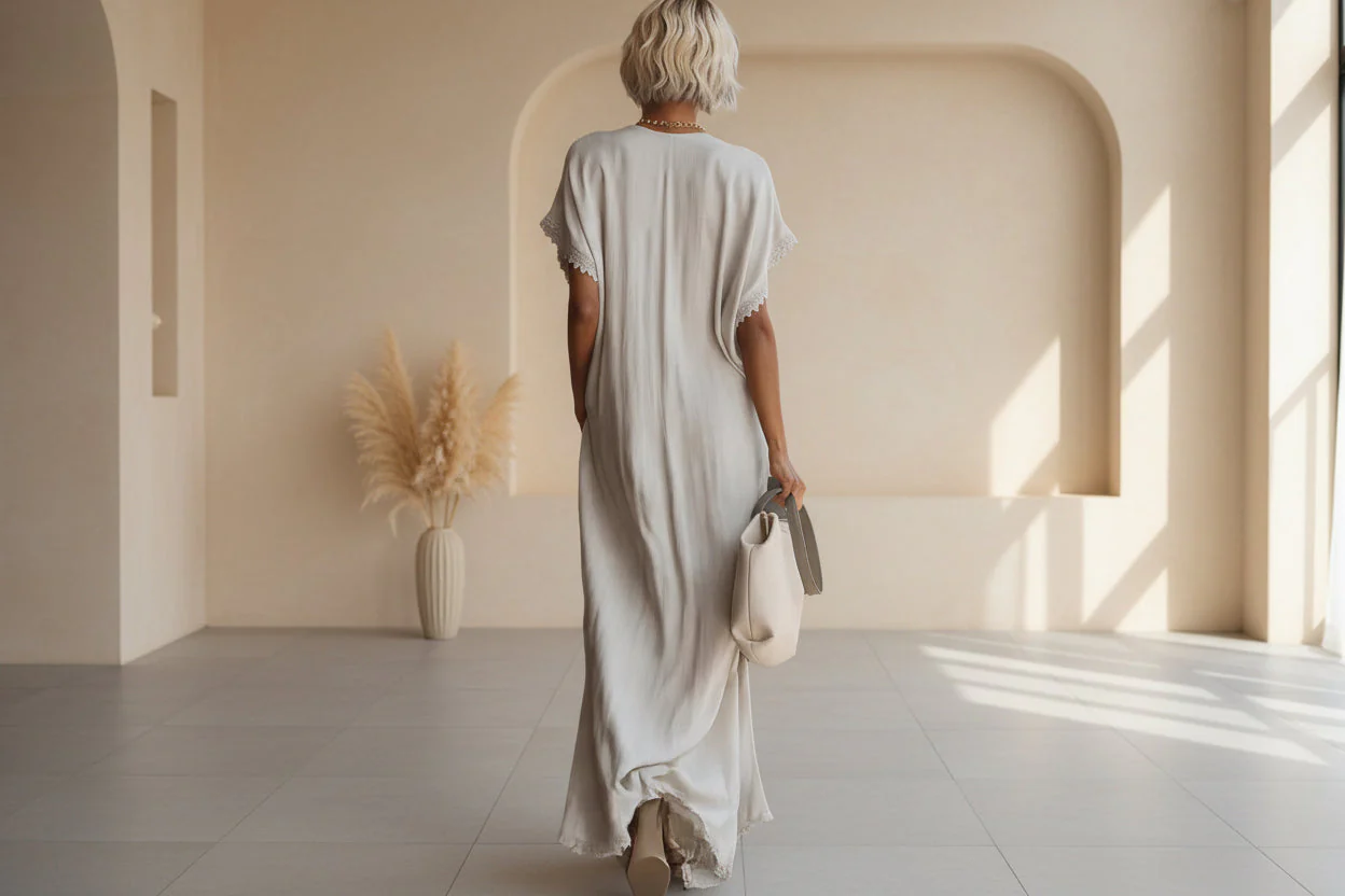 Lace-Trimmed Loose Linen Cotton Long Dress for Women - Image 2