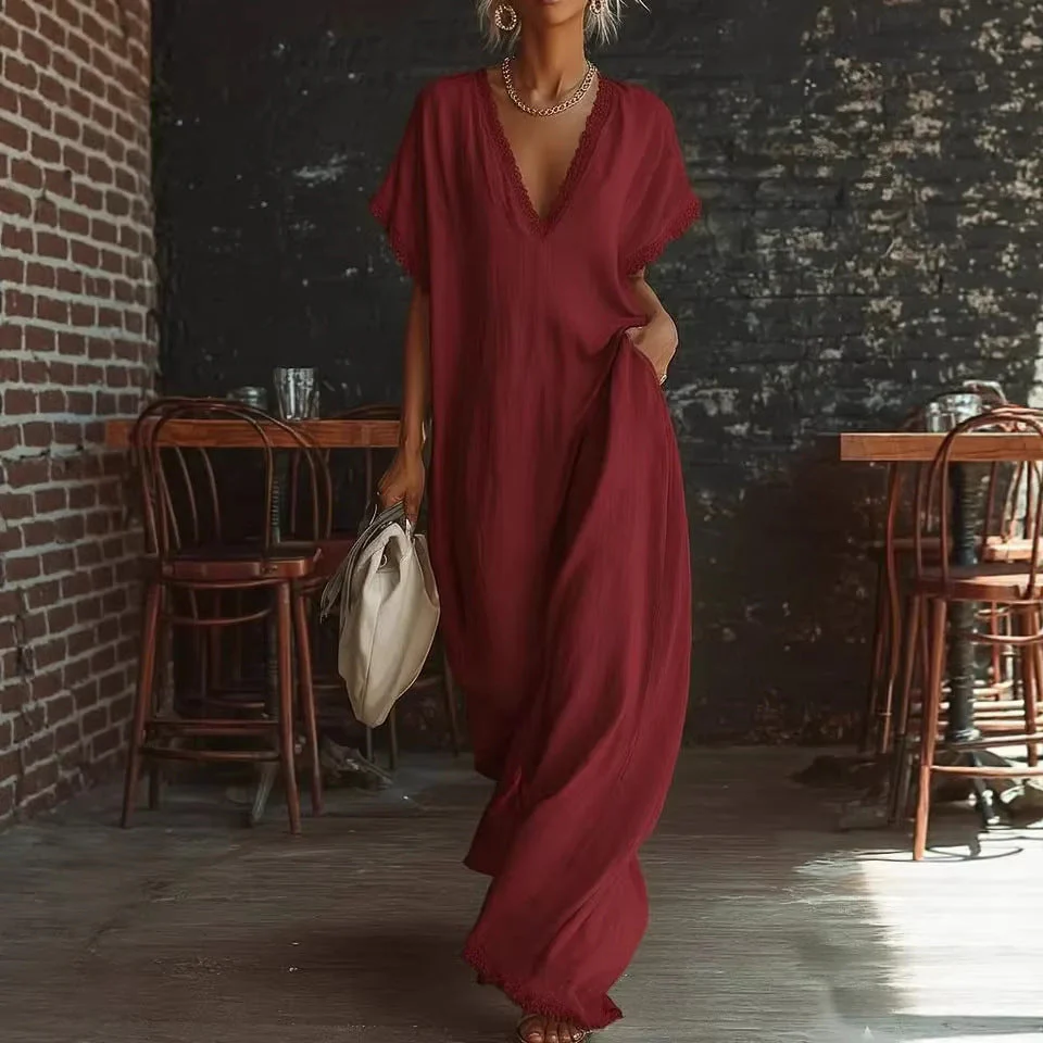 Lace-Trimmed Loose Linen Cotton Long Dress for Women - Image 3