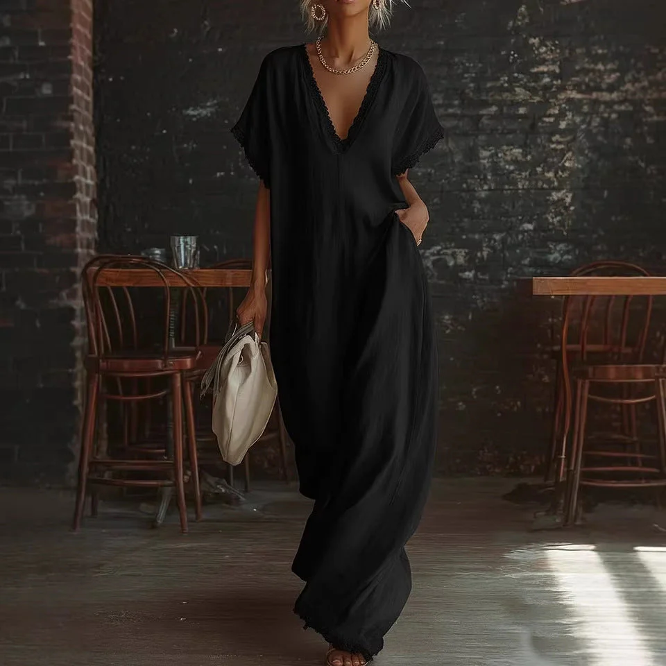 Lace-Trimmed Loose Linen Cotton Long Dress for Women - Image 4