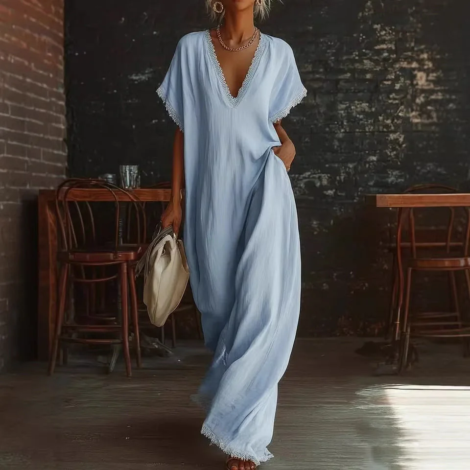 Lace-Trimmed Loose Linen Cotton Long Dress for Women - Image 5