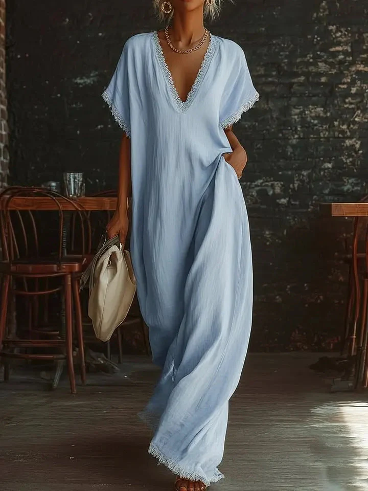 Lace-Trimmed Loose Linen Cotton Long Dress for Women - Image 7