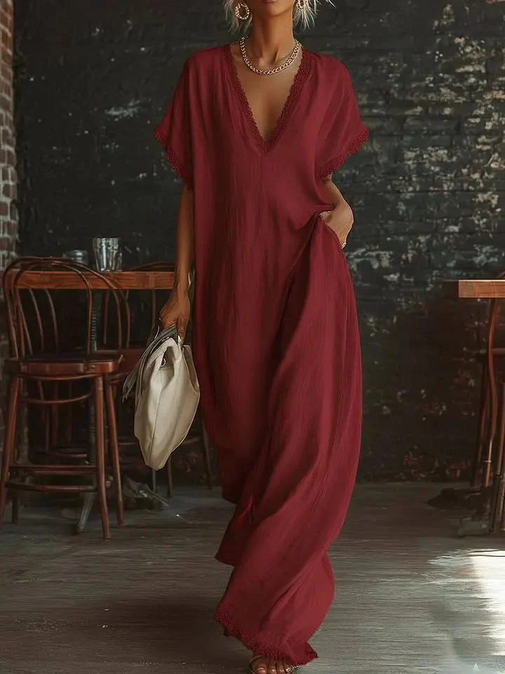 Lace-Trimmed Loose Linen Cotton Long Dress for Women - Image 9