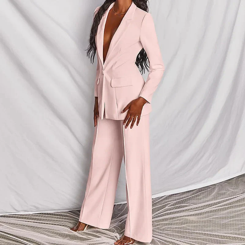 Lapel Button-Down Blazer & Straight-Leg Trousers Suit - Image 3