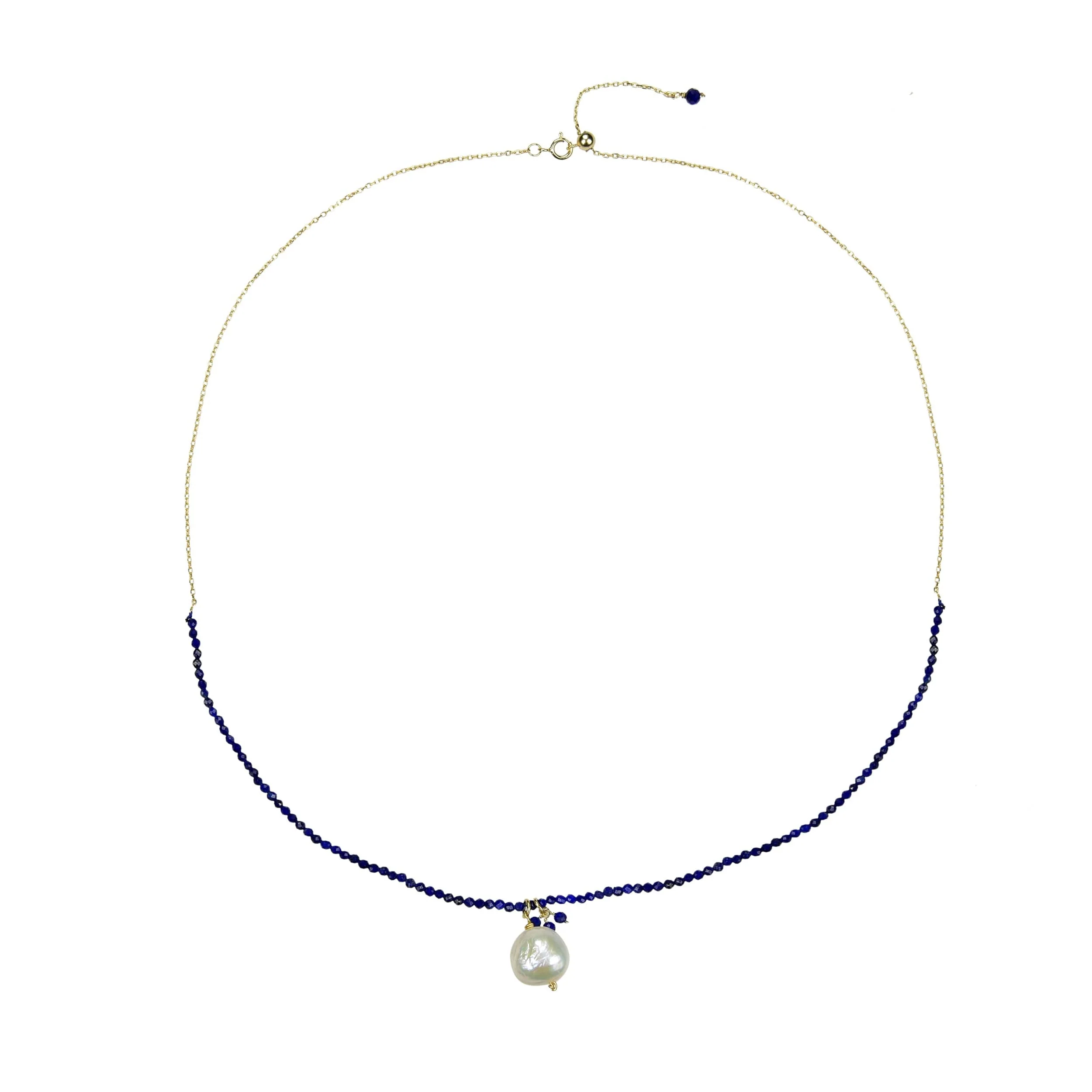 Lapis Lazuli and Freshwater Pearl 18K plated Sterling Silver Adjustable Pendant Necklace - Image 6