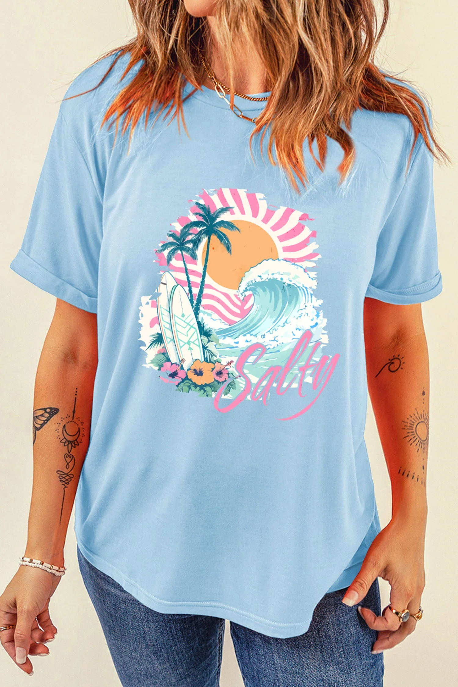 Light Blue Salty Beach Resort Vacation Surf Graphic Tee - Image 2
