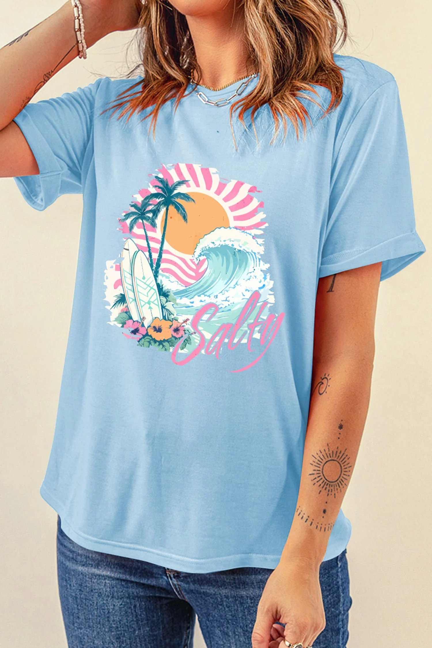 Light Blue Salty Beach Resort Vacation Surf Graphic Tee - Image 3