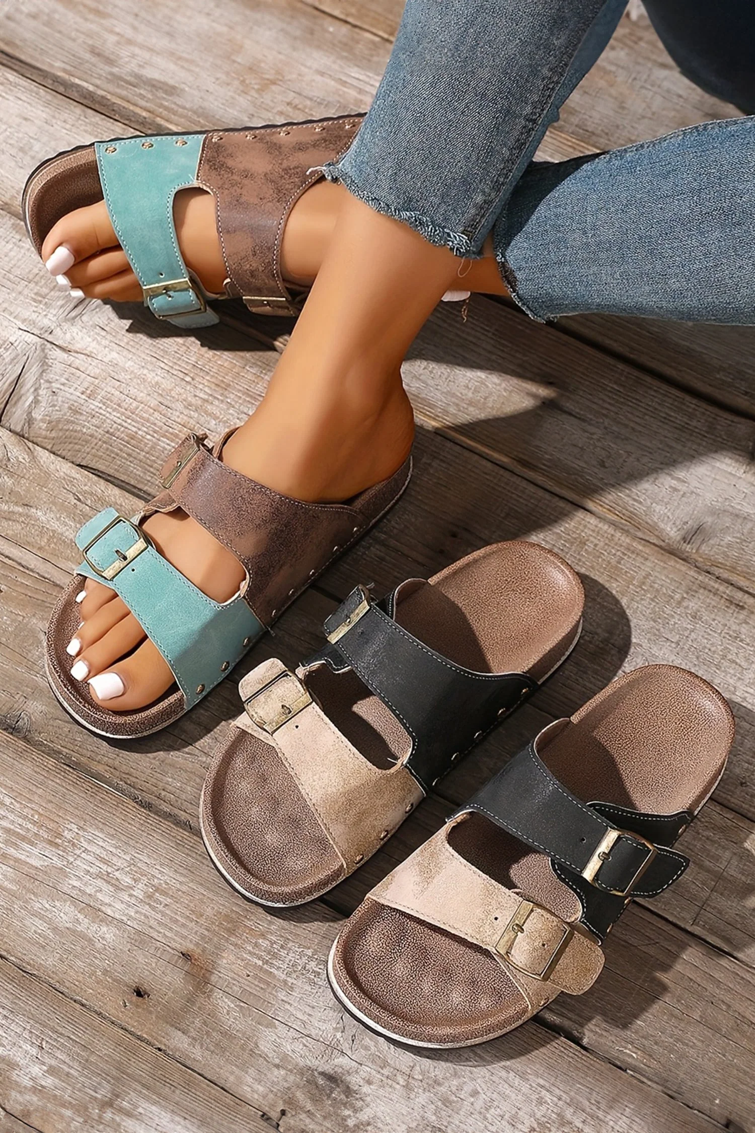 Light Blue Two-tone Retro Buckle Straps Hollowed Faux Suede Slippers - Image 4