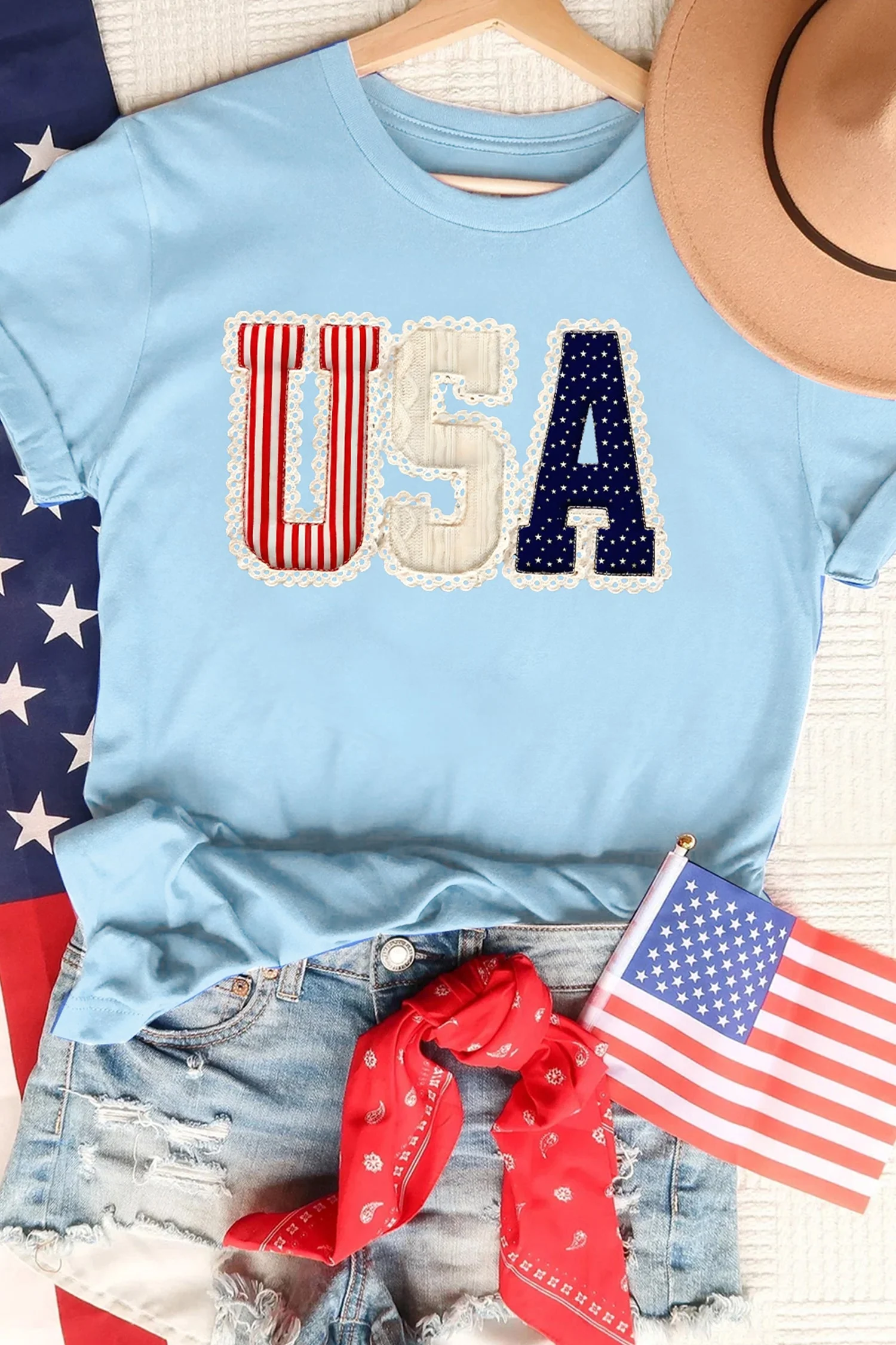 Light Blue USA Patriotic Printed T Shirt - Image 2