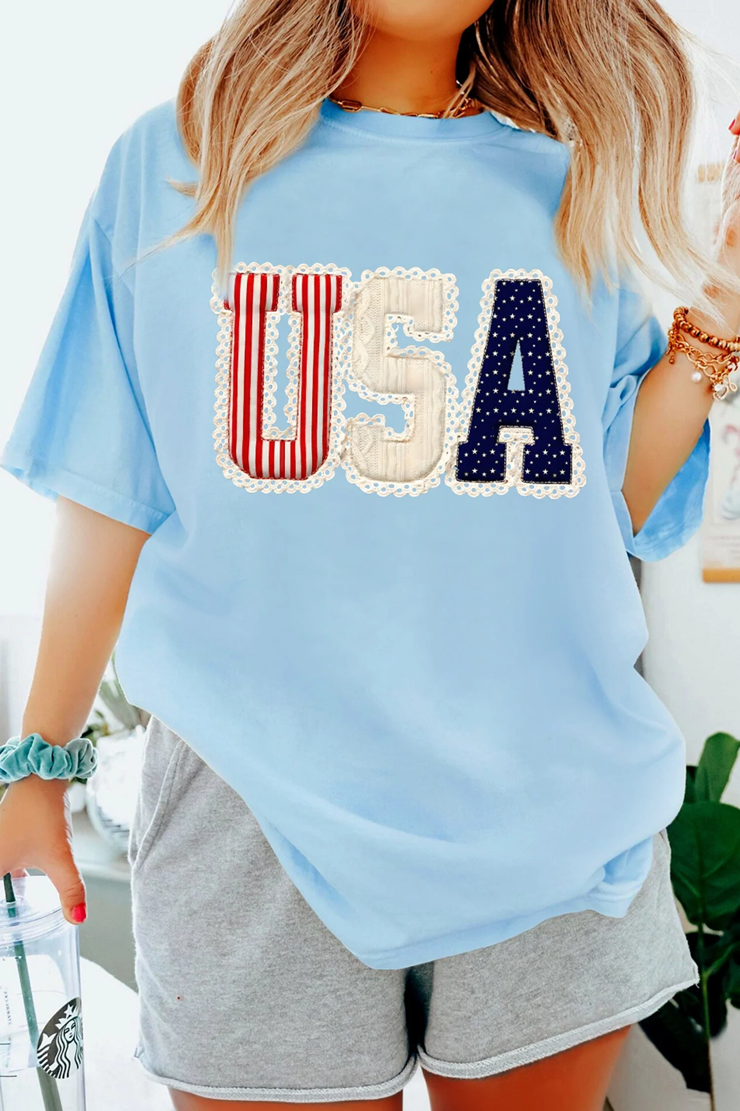 Light Blue USA Patriotic Printed T Shirt - Image 4