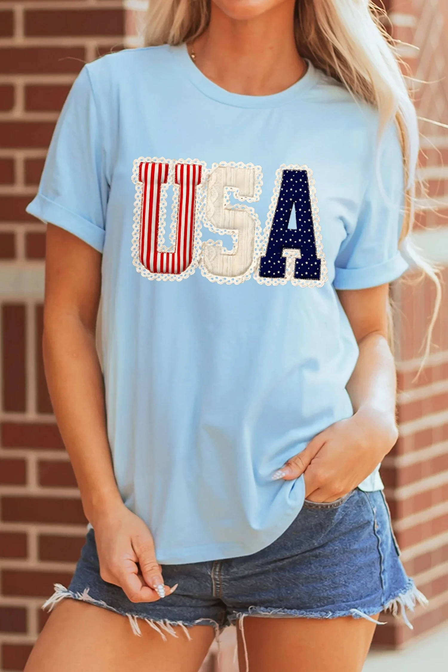 Light Blue USA Patriotic Printed T Shirt - Image 5