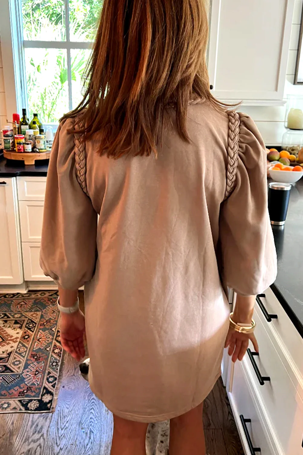 Light French Beige Twist Braided Embellished Puff Sleeve Dress - Image 2