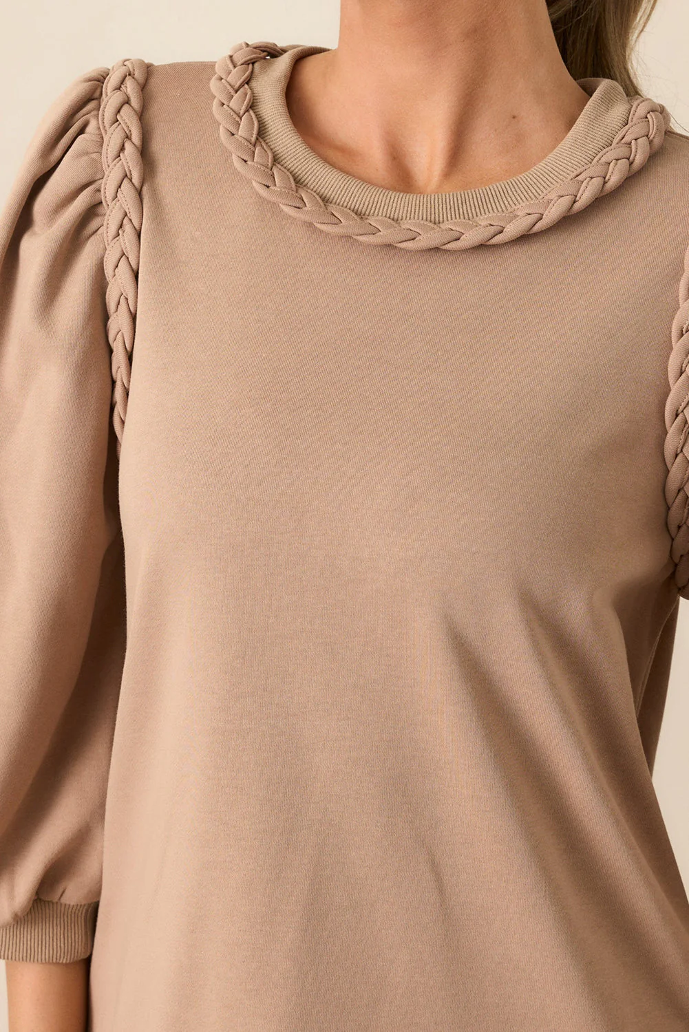 Light French Beige Twist Braided Embellished Puff Sleeve Dress - Image 4