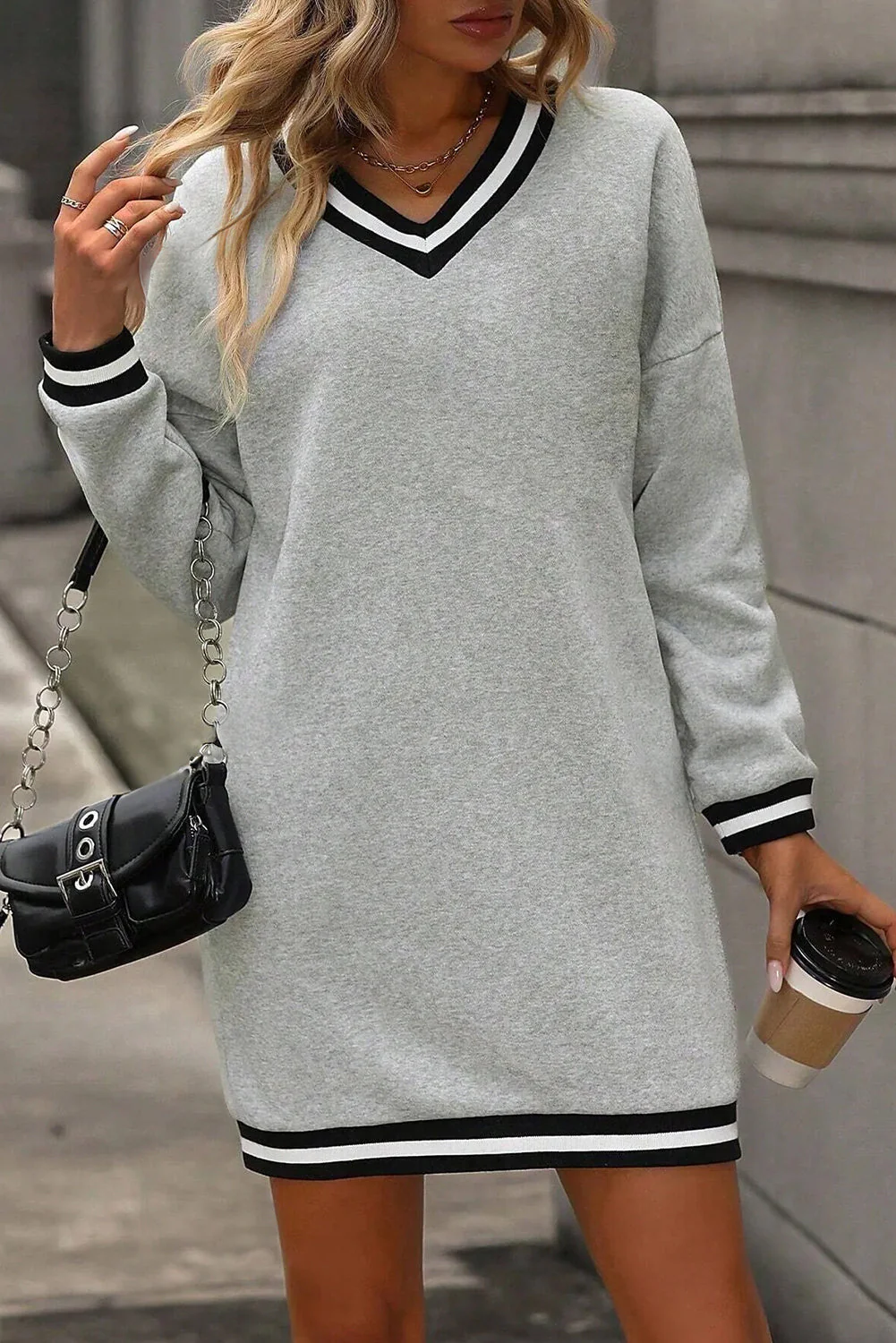 Light Grey Striped Trim V Neck Long Sleeve Preppy T Shirt Dress - Image 2