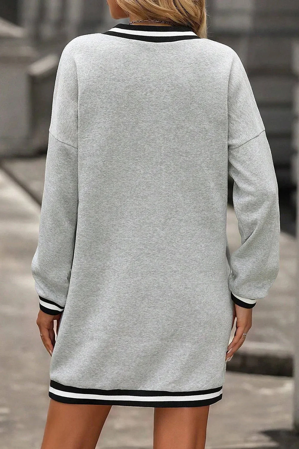 Light Grey Striped Trim V Neck Long Sleeve Preppy T Shirt Dress - Image 4