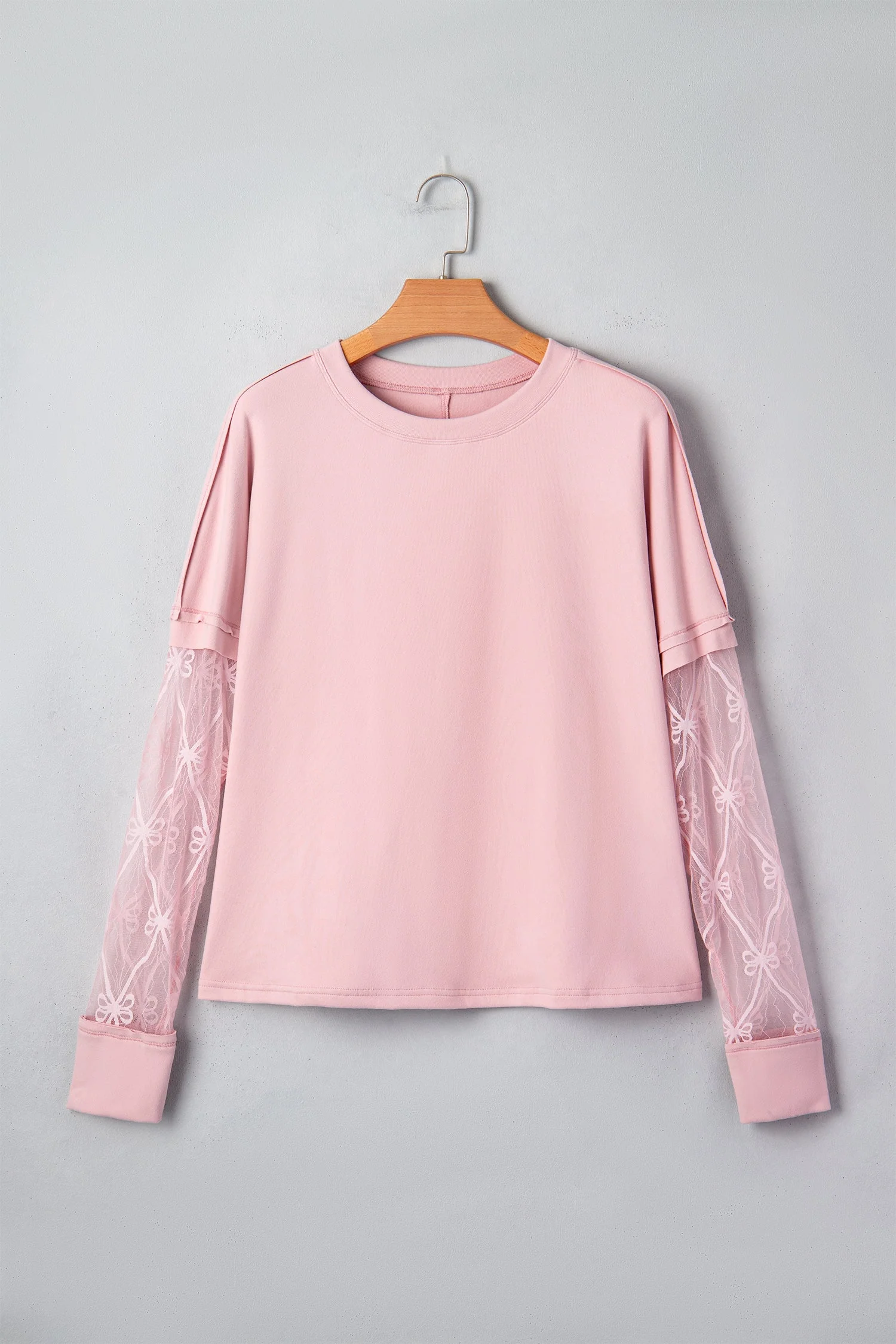 Light Pink Solid Color Bow Textured Patchwork Long Sleeve Tee - Image 11