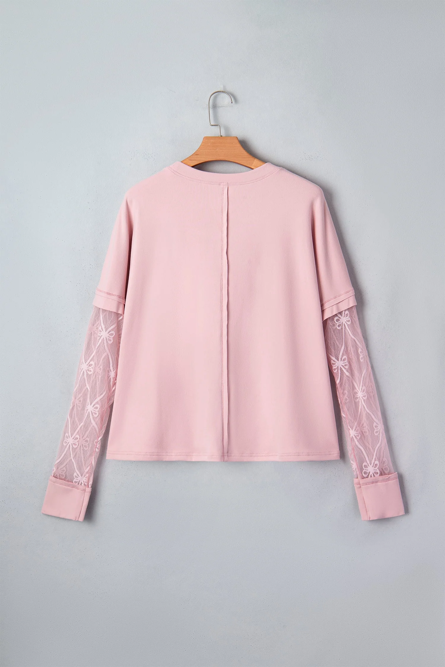 Light Pink Solid Color Bow Textured Patchwork Long Sleeve Tee - Image 12