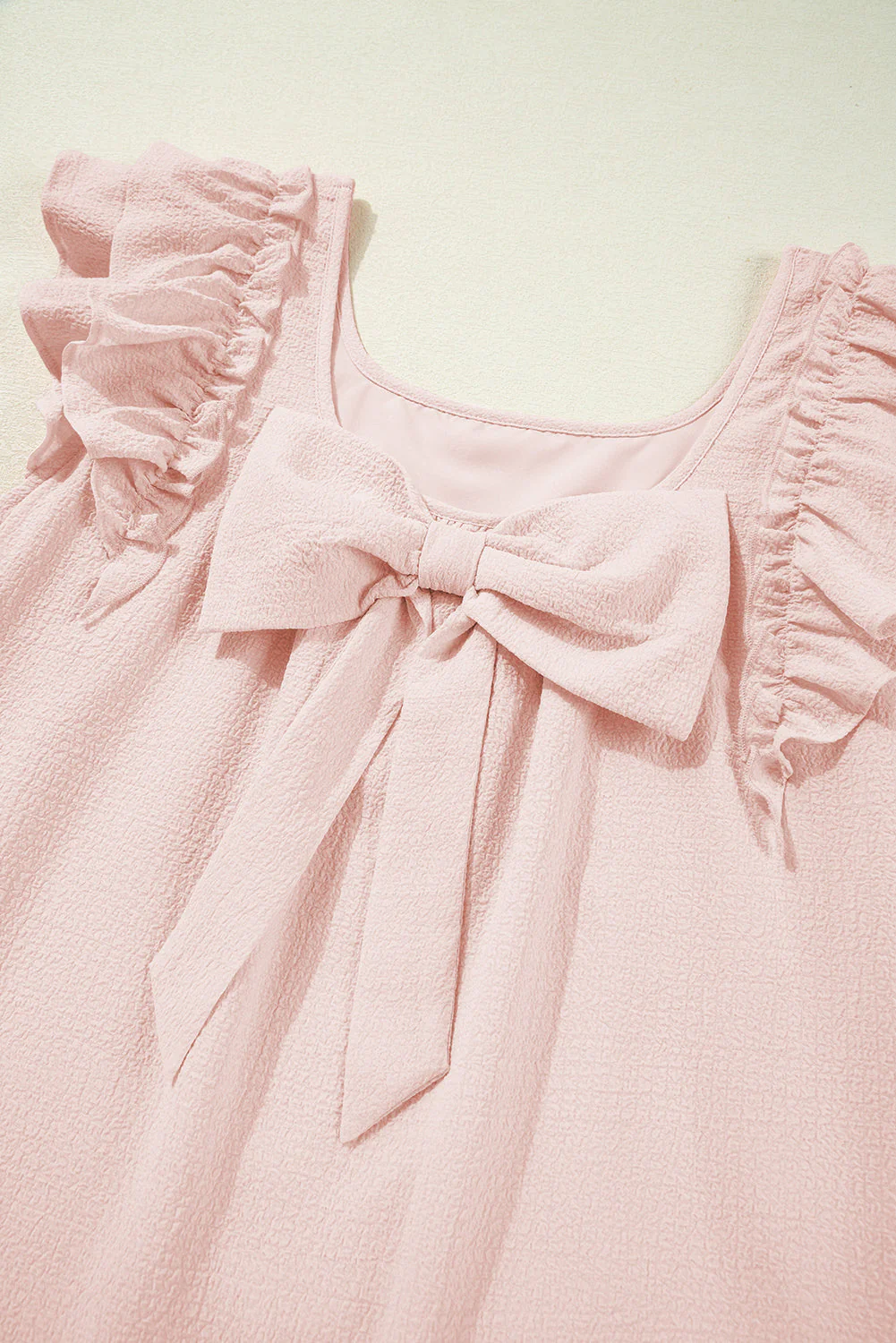 Light Pink Textured Flutter Sleeve Square Neck Bow Back Mini Dress - Image 6