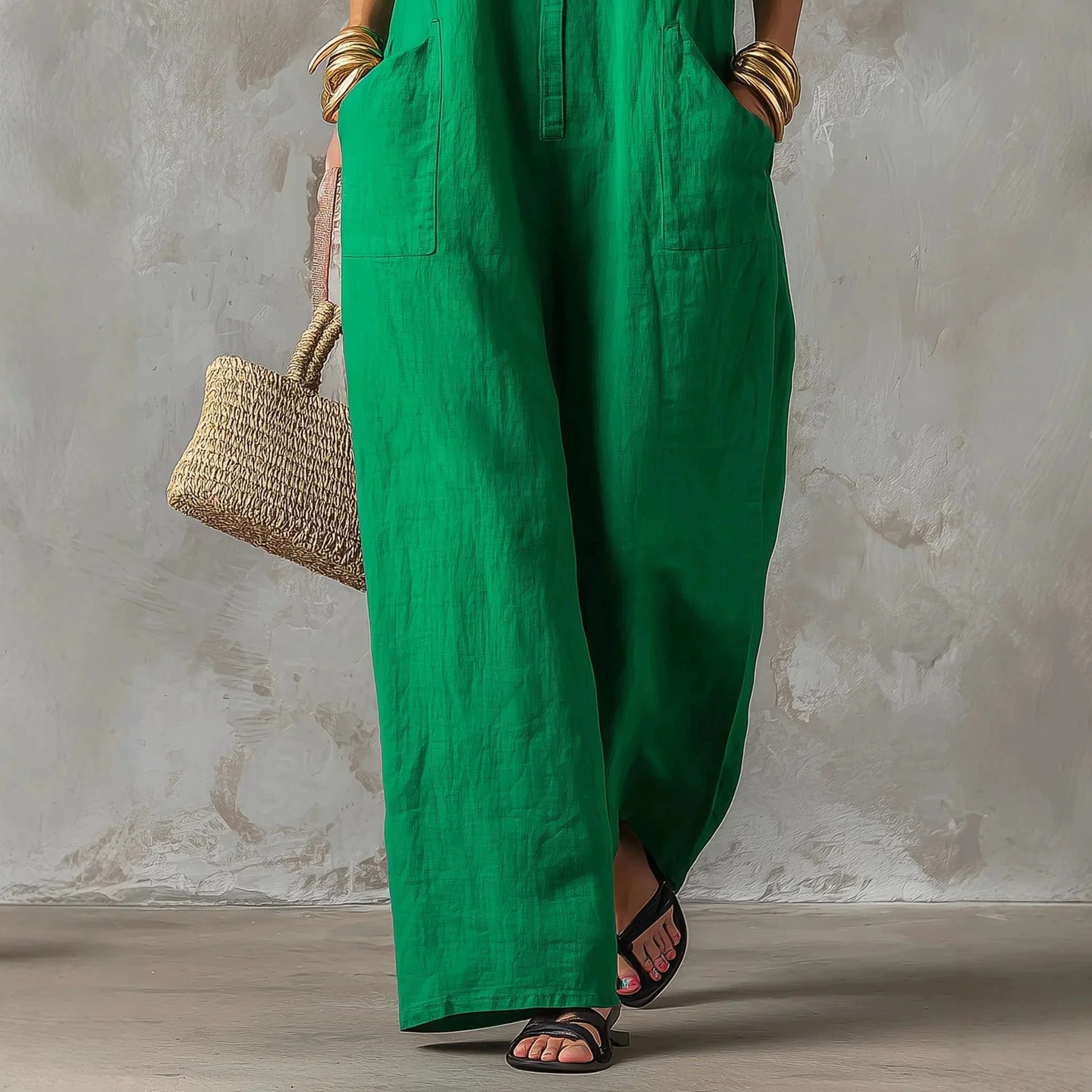Linen Blend Sleeveless Stand-Collar Jumpsuit – 5 Colors S–3XL - Image 5