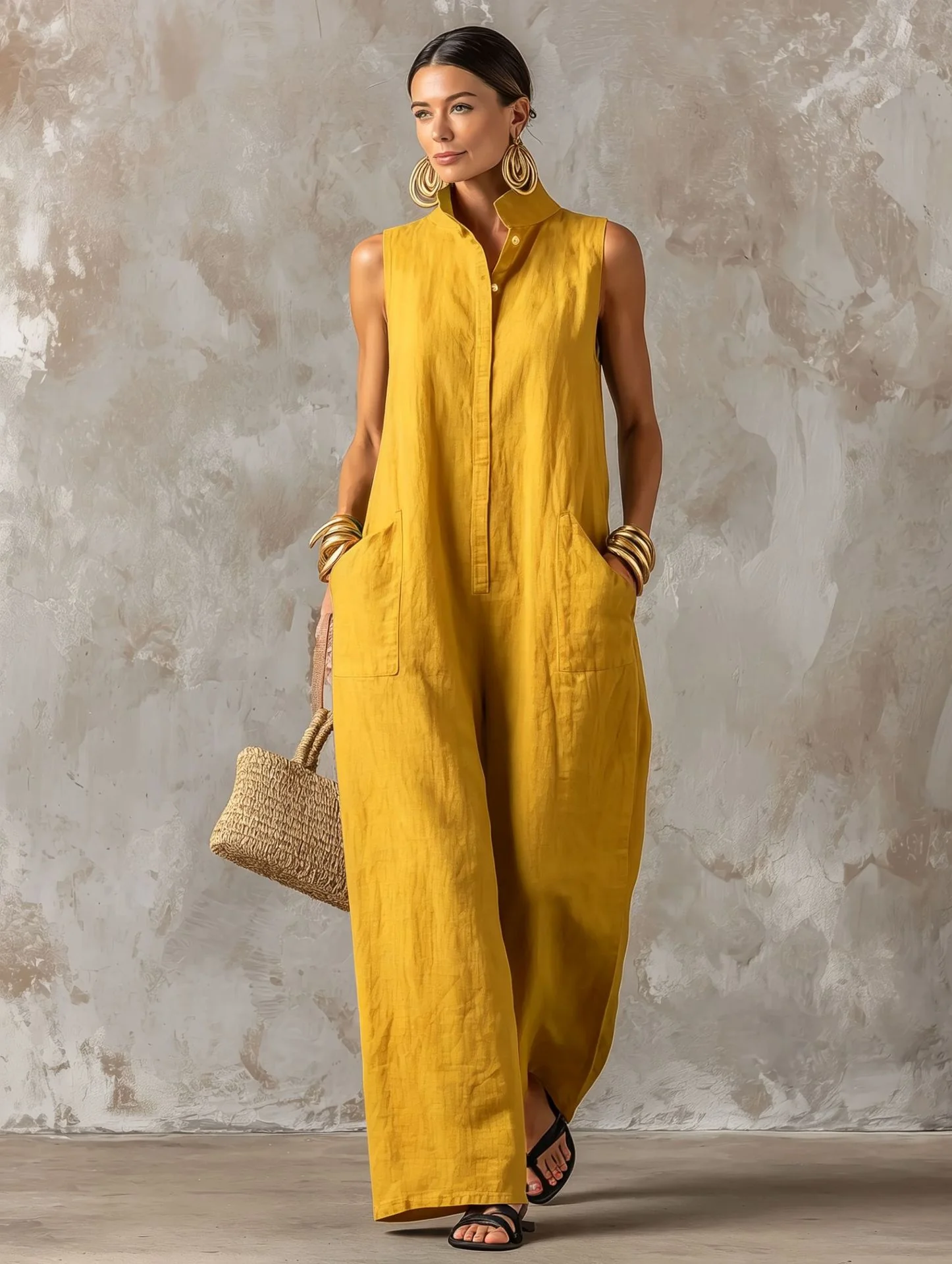 Linen Blend Sleeveless Stand-Collar Jumpsuit – 5 Colors S–3XL - Image 9