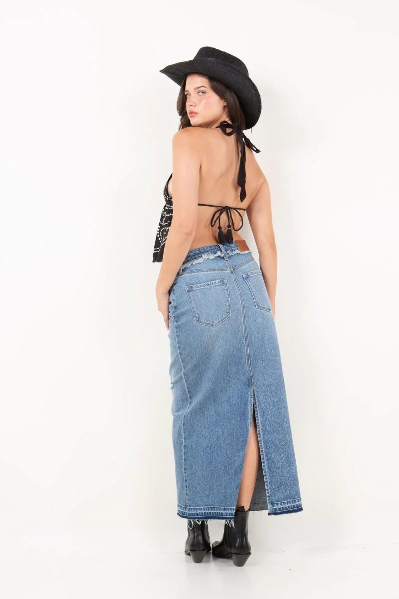 Livia Denim Maxi Skirt Frayed Waistband w/ Slit Detail - Image 11