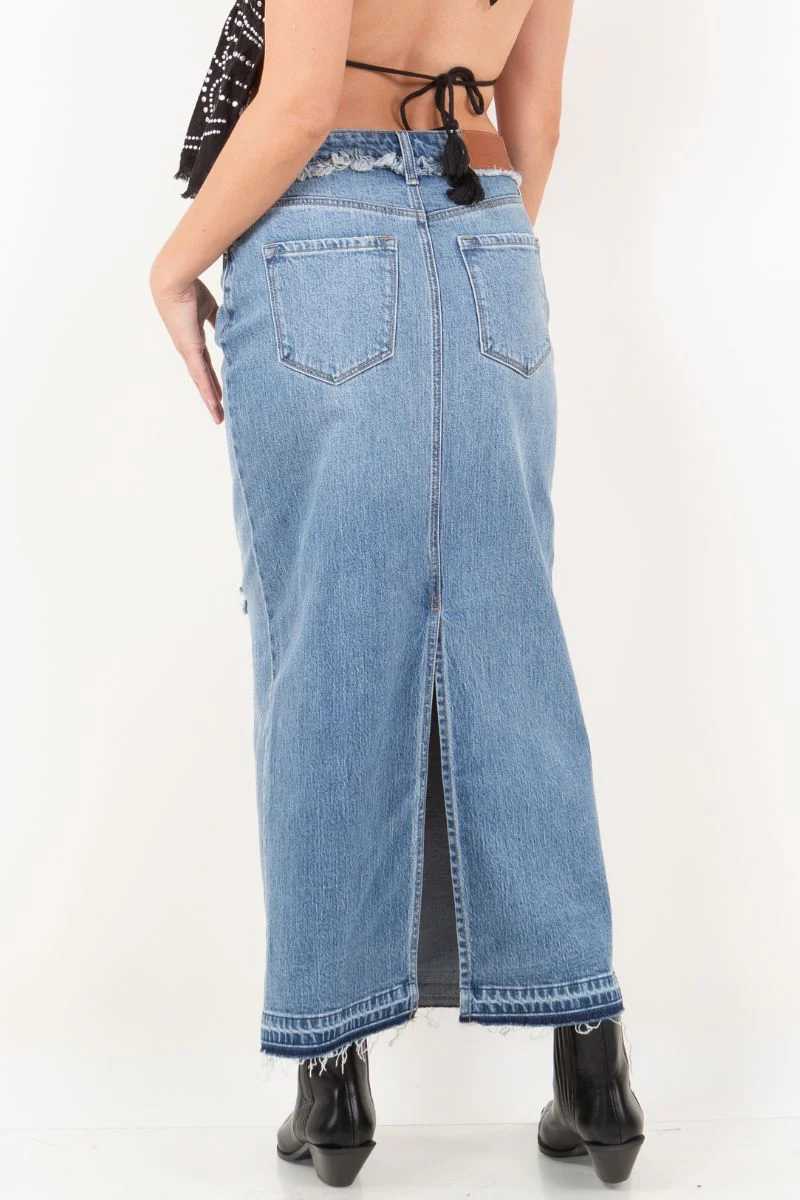Livia Denim Maxi Skirt Frayed Waistband w/ Slit Detail - Image 5