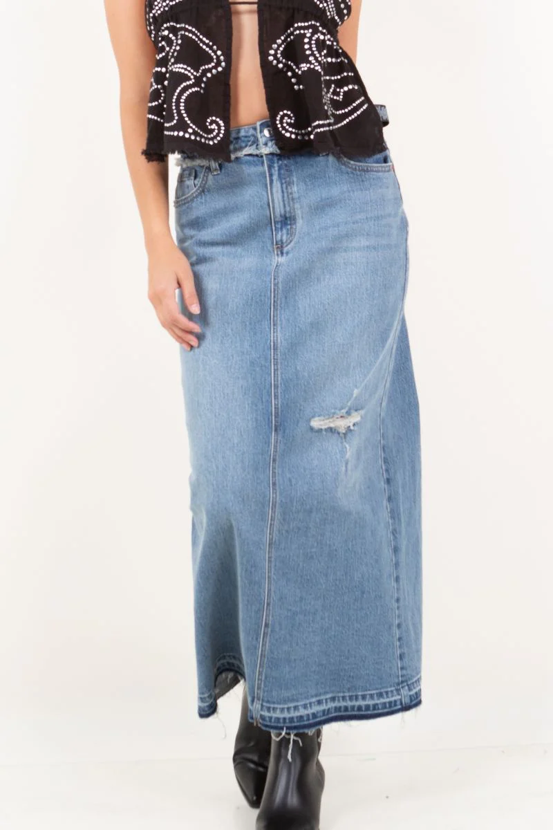 Livia Denim Maxi Skirt Frayed Waistband w/ Slit Detail - Image 6