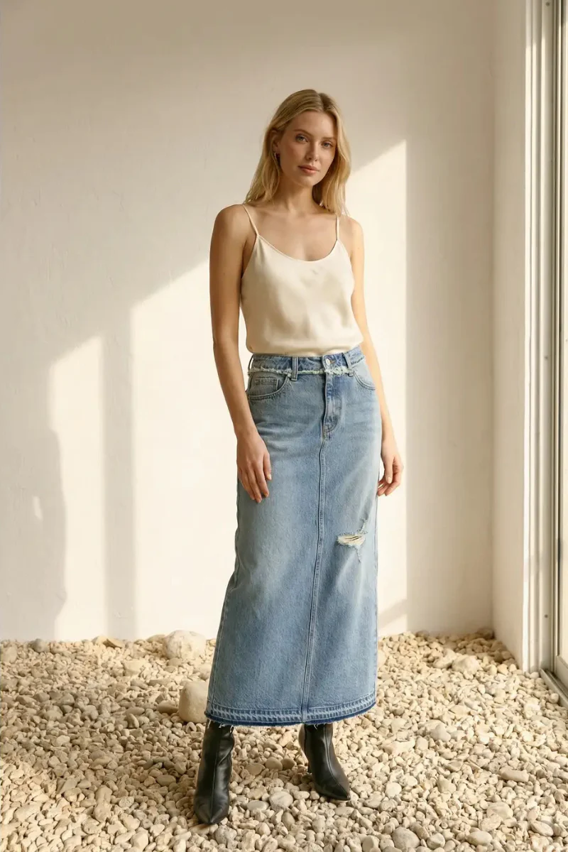 Livia Denim Maxi Skirt Frayed Waistband w/ Slit Detail - Image 7
