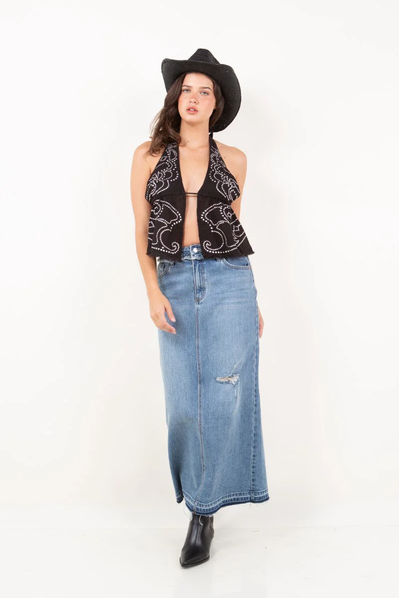 Livia Denim Maxi Skirt Frayed Waistband w/ Slit Detail - Image 8