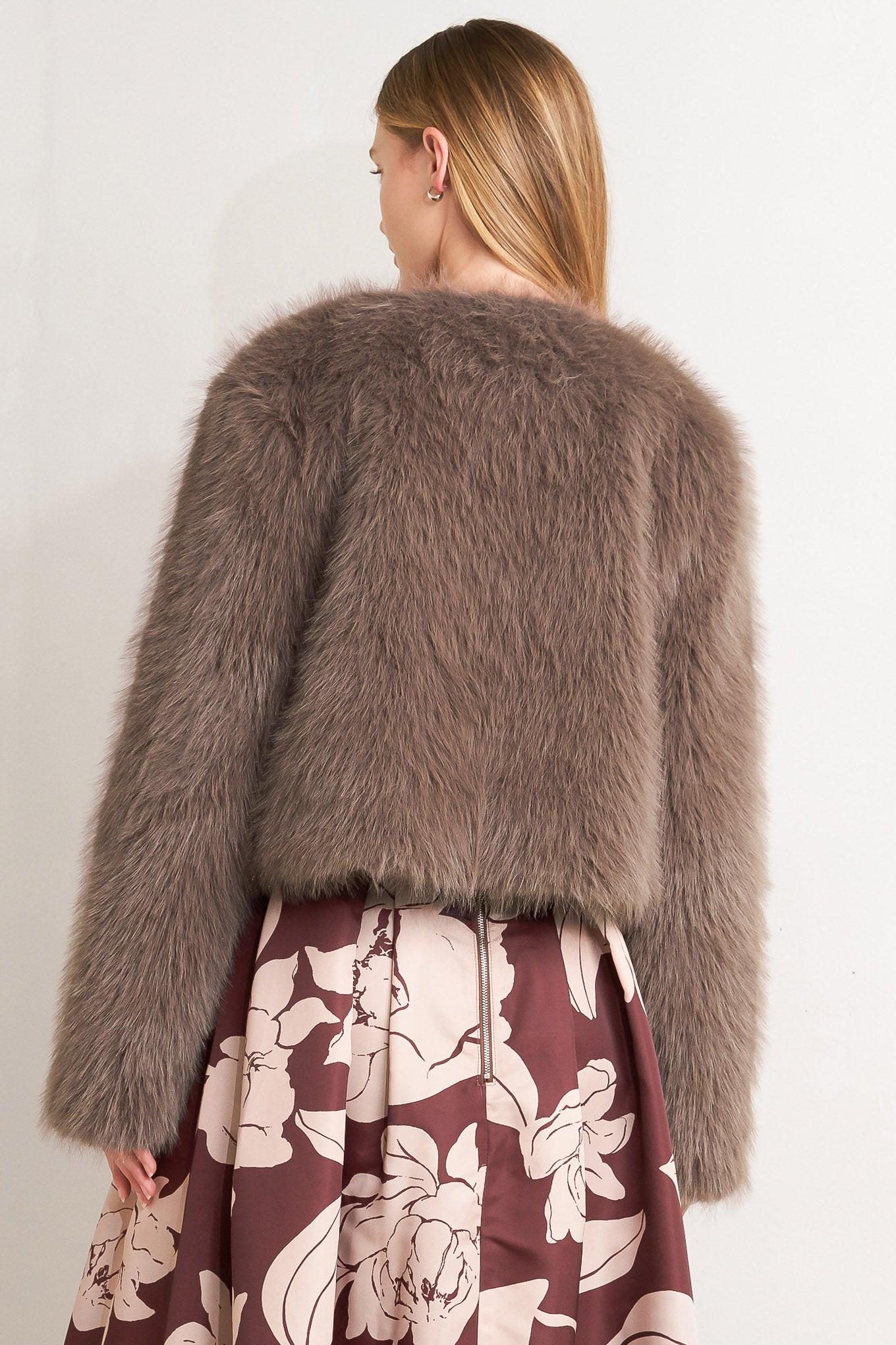 London Flare Mocha Faux Fur Crop Jacket - Image 4