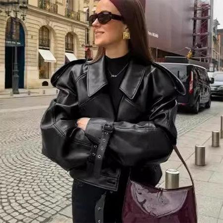 Loose Lapel Leather Jacket Fashion Cropped Tops Streetwear For Womens Clothing - Image 6