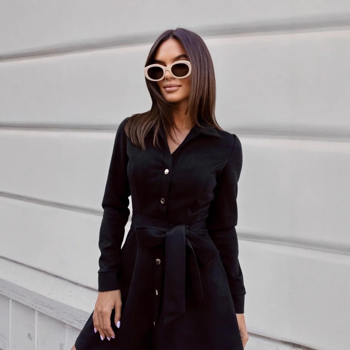 Loose Linen Lace-Up Long-Sleeve Mini Dress – 3 Colors, S–2XL - Image 3