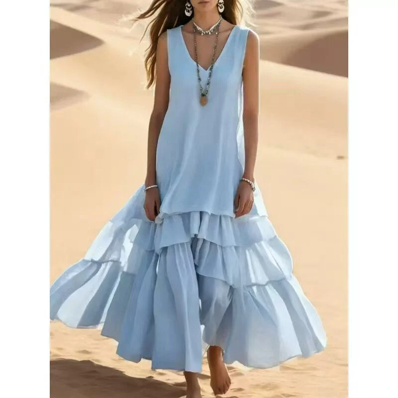 Loose Umbrella Skirt Sleeveless Maxi Dress | Cotton-Linen Style - Image 2
