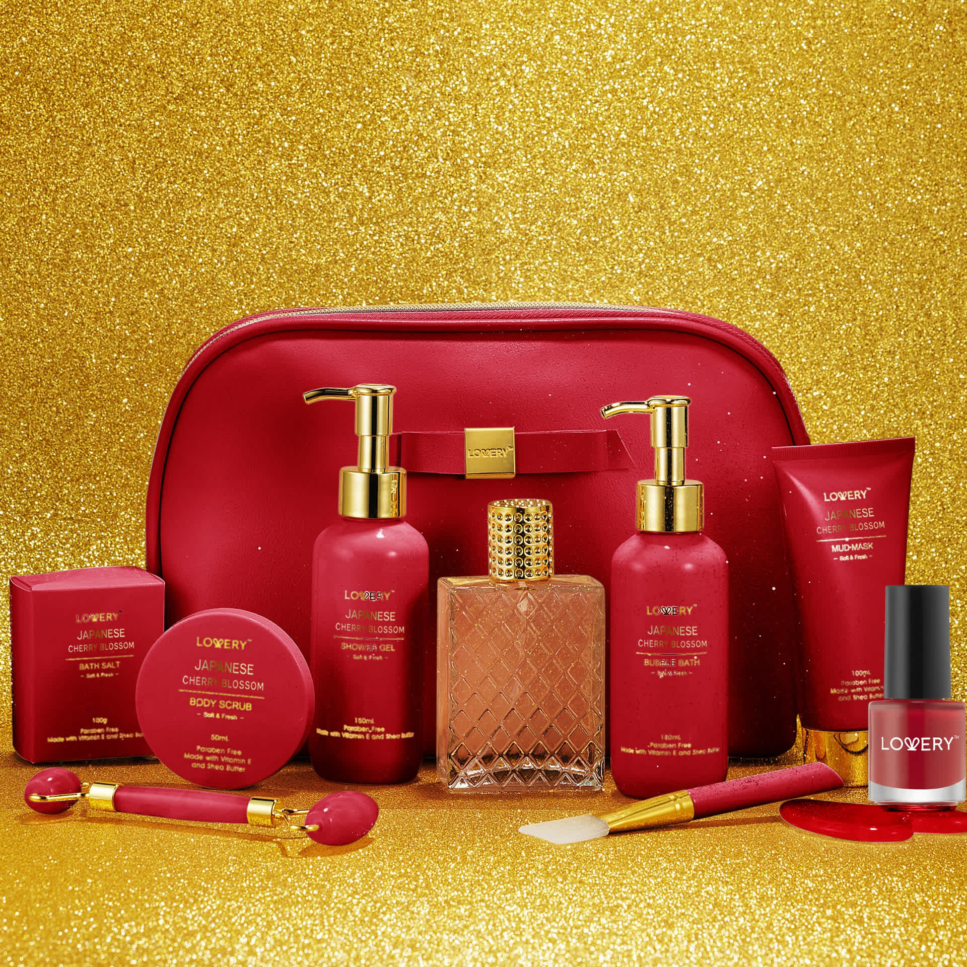 Lovery Luxury Japanese Cherry Blossom Bath and Body Beauty Kit with Leather Bag - Image 4