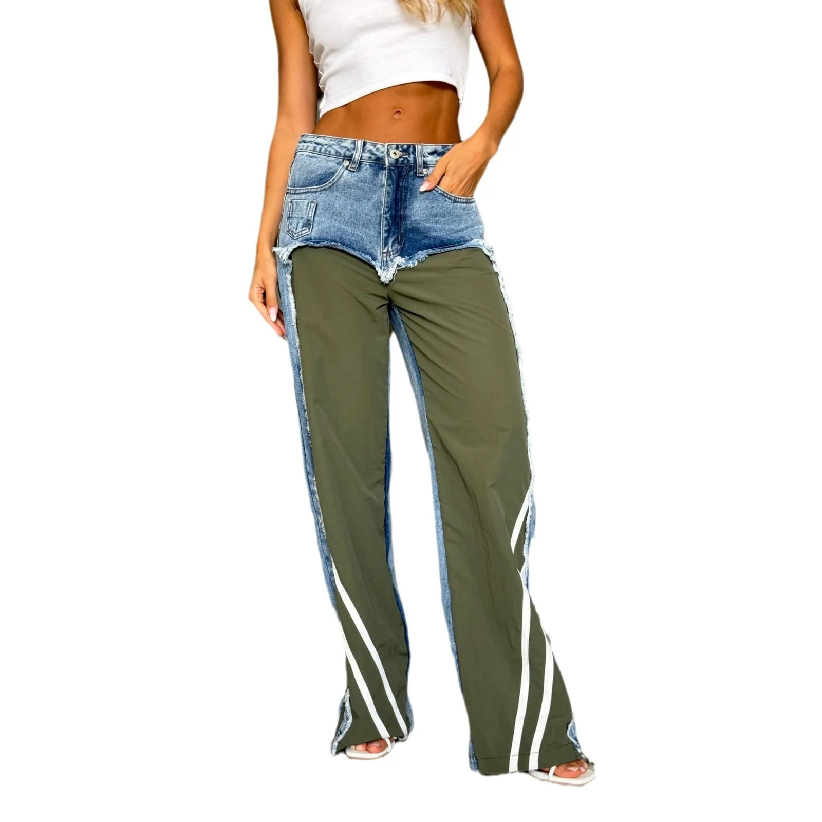 Low Waist Contrast Color Black Panel Wide-leg Jeans - Image 5