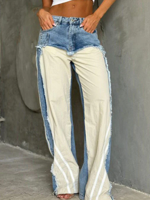 Low Waist Contrast Color Black Panel Wide-leg Jeans - Image 6