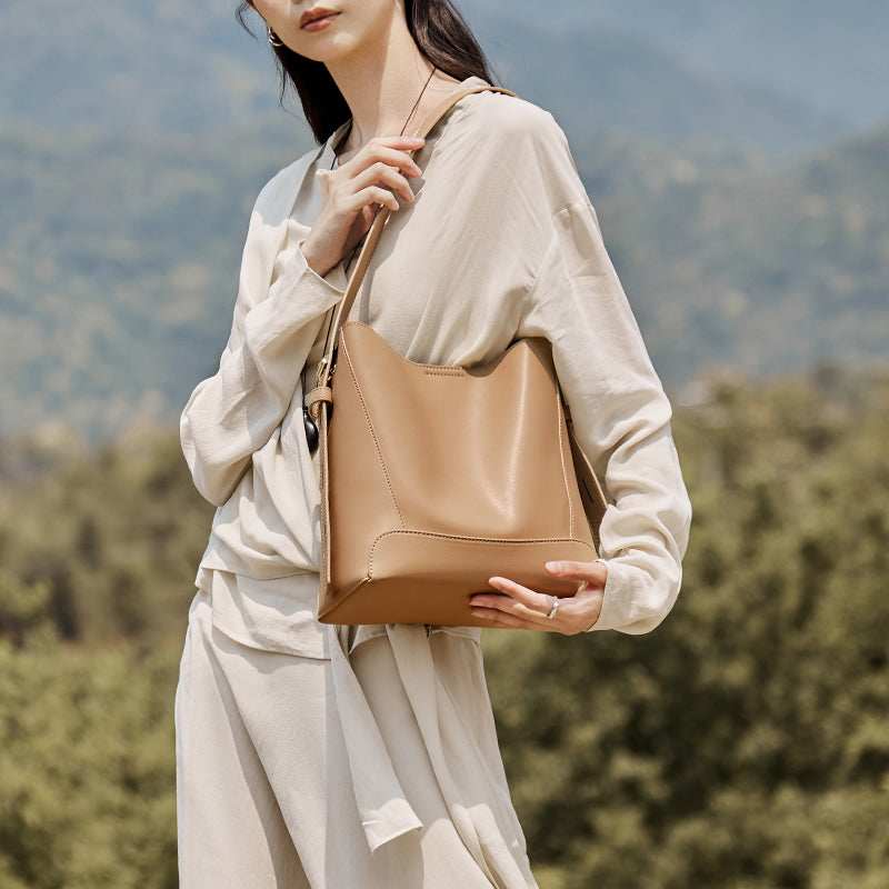 Luxe Genuine Leather Bucket Tote Shoulder Bag - Image 9